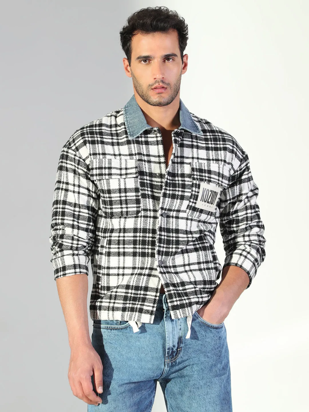Men's Checked White Relaxed Fit Shacket Reinforced Collar