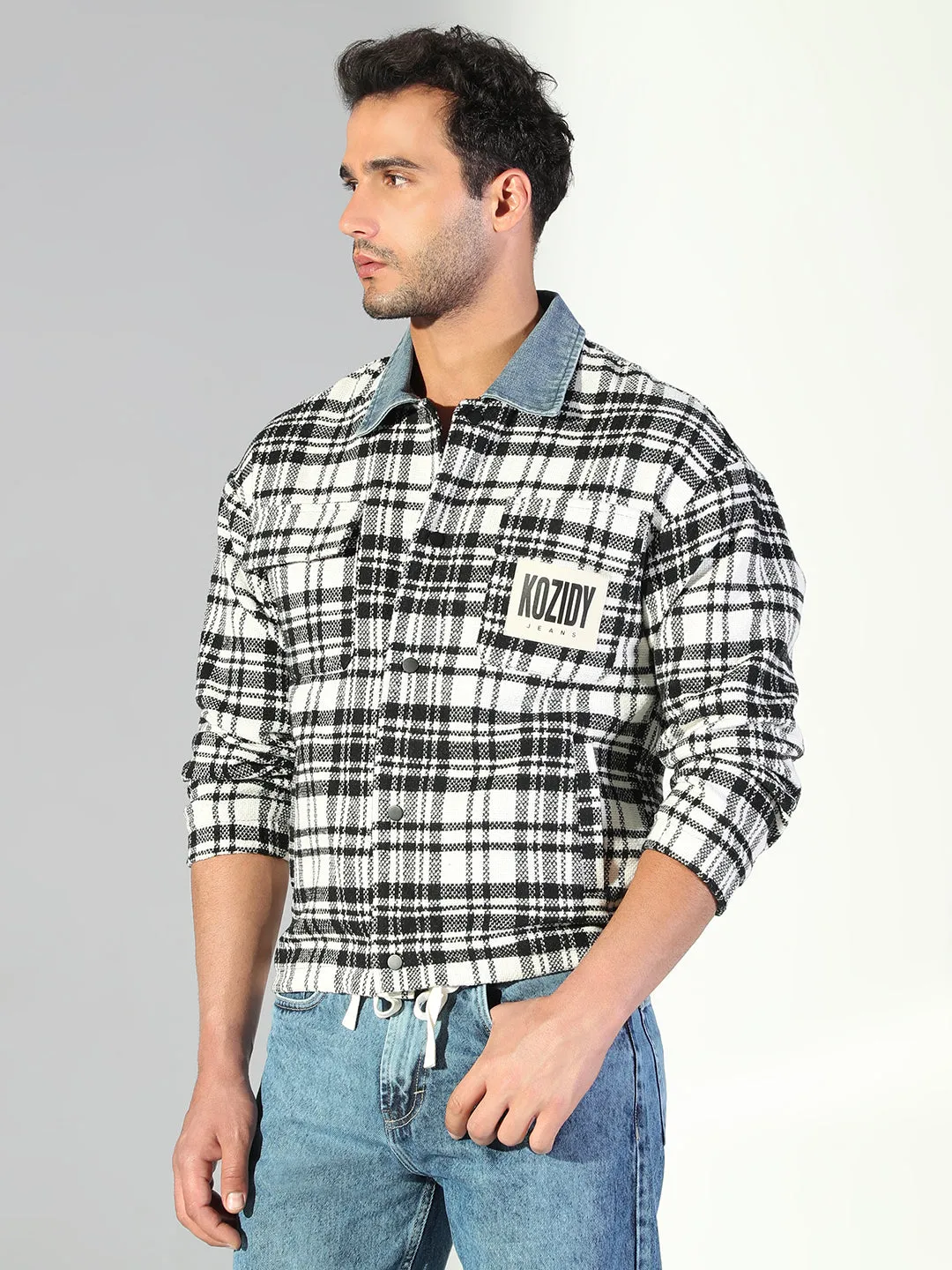Men's Checked White Relaxed Fit Shacket High Density Fabric