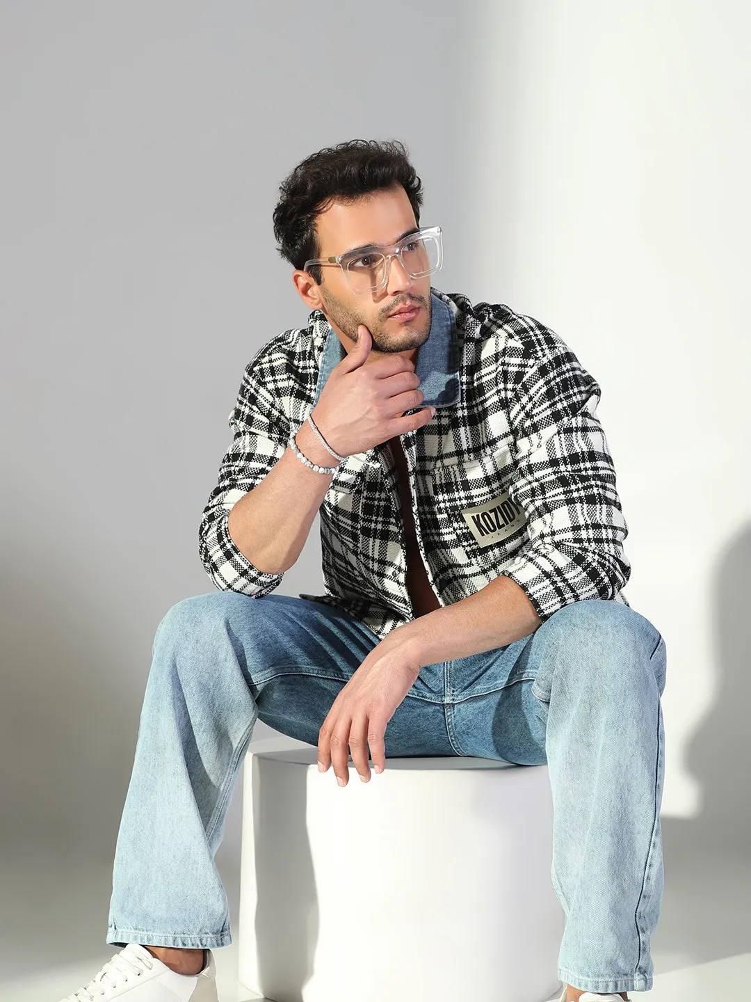 Moisture Management Breathable Stretch Men's Checked White Relaxed Fit Shacket