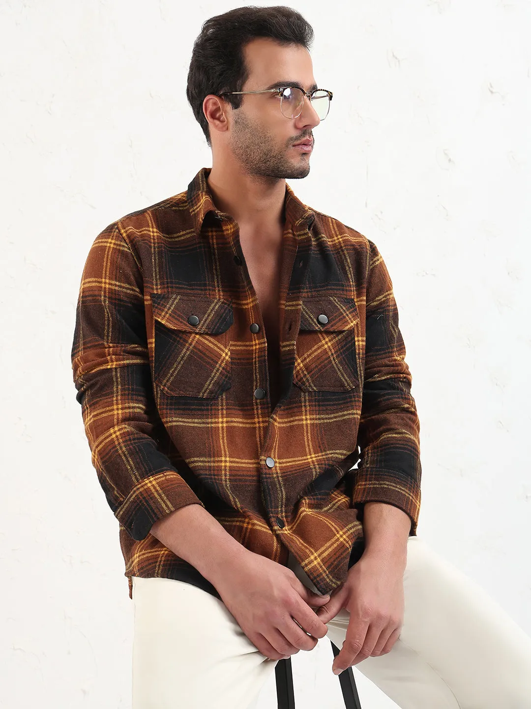 Men's Brown Checked Slim Fit Shacket Casual All-Day