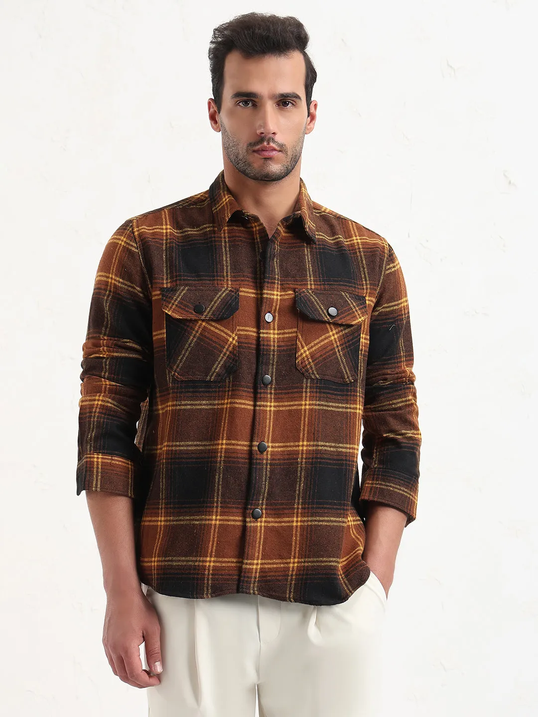 Men's Brown Checked Slim Fit Shacket Versatile Top ComfortFirst