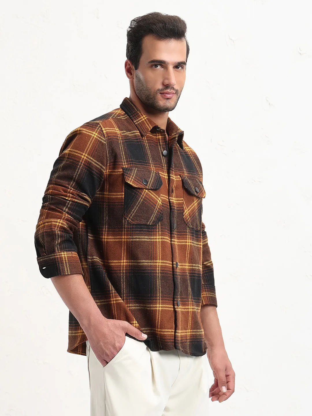 Light Comfort MultipurposeCuffs Men's Brown Checked Slim Fit Shacket