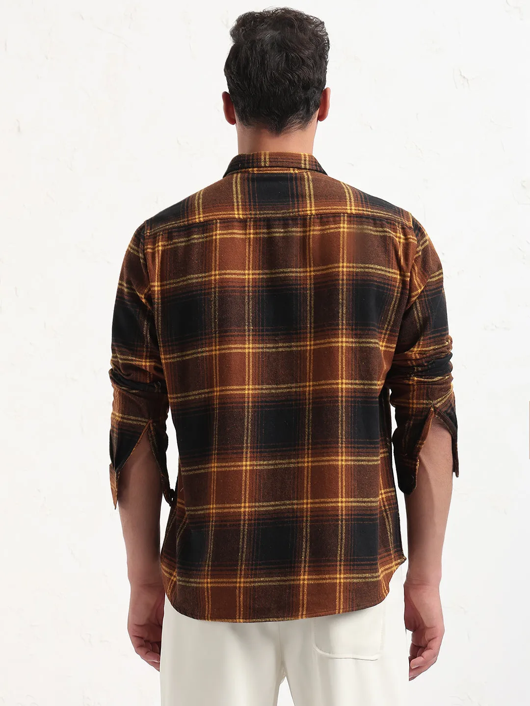 Men's Brown Checked Slim Fit Shacket Anti Pill Surface