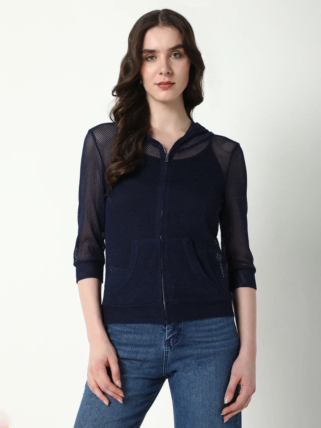 Chill Layers product office appropriate professionalism Women's Navy Blue Self Design Hoodie