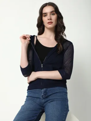 Women's Navy Blue Self Design Hoodie Zip-up Cozy Choice
