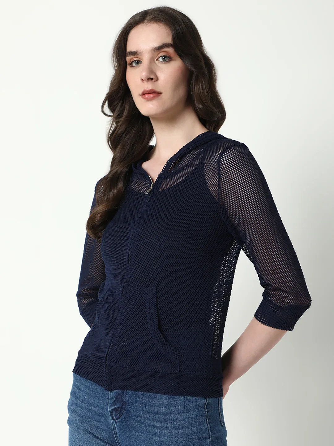 Women's Navy Blue Self Design Hoodie Effortless Hoodie