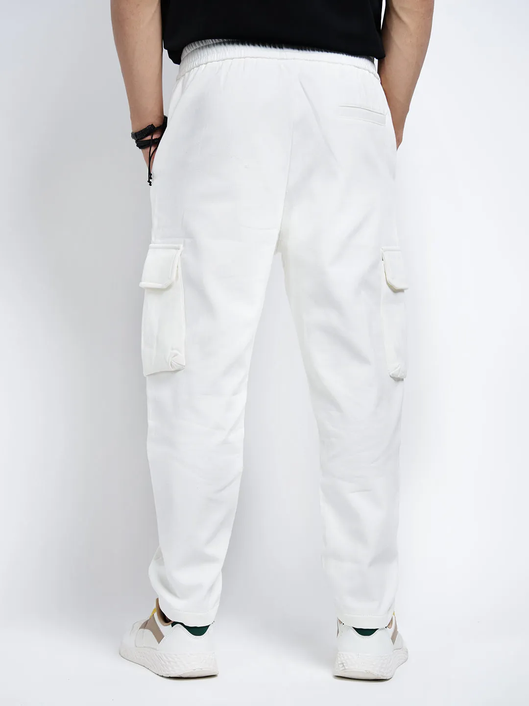 Quick Wear Fit Men's White Tapered Fit Cargo Trousers