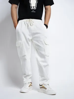 Men's White Tapered Fit Cargo Trousers FlexibleKnees Sporty Comfort Fit