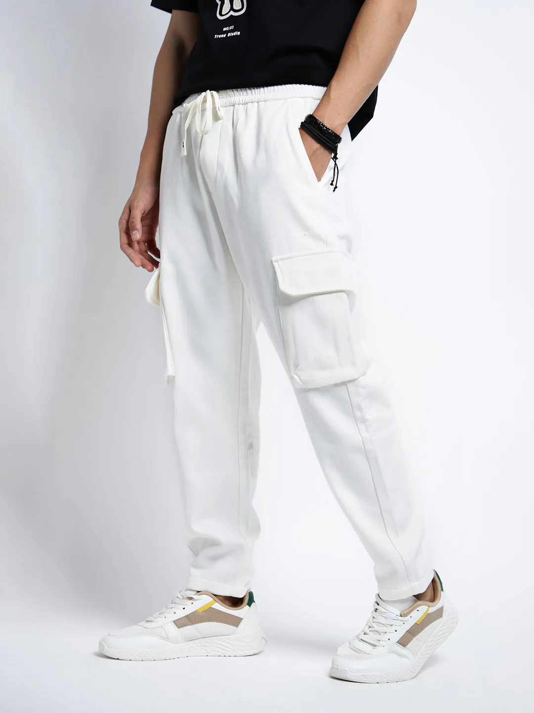 Anti Pilling Treatment Men's White Tapered Fit Cargo Trousers