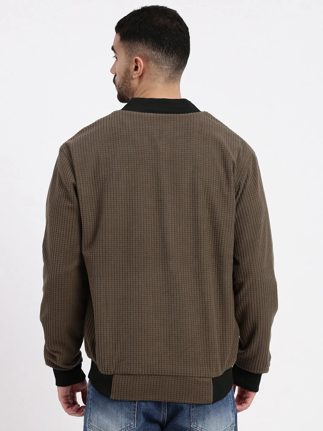 Men's Brown Solid Bomber Jacket Hidden Storage Compartment