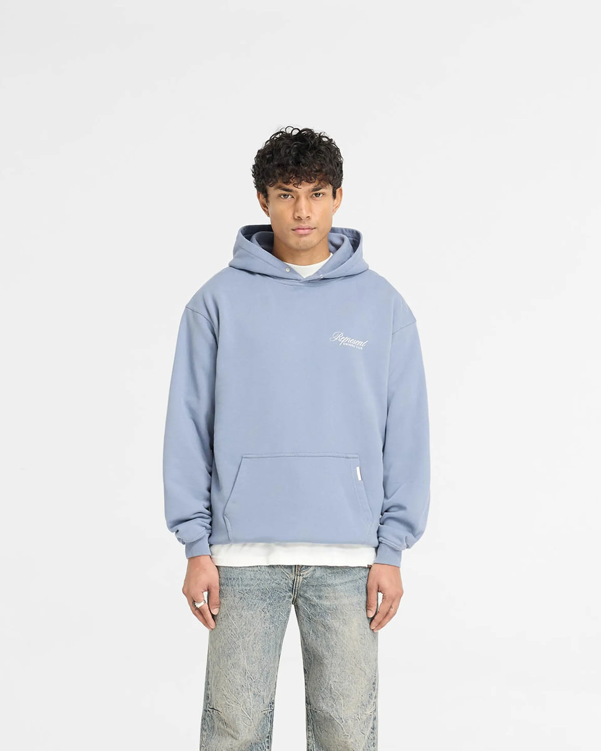 Represent Owners Club Script Hoodie - Dusty Blue Earthy Tones Muscular Fit