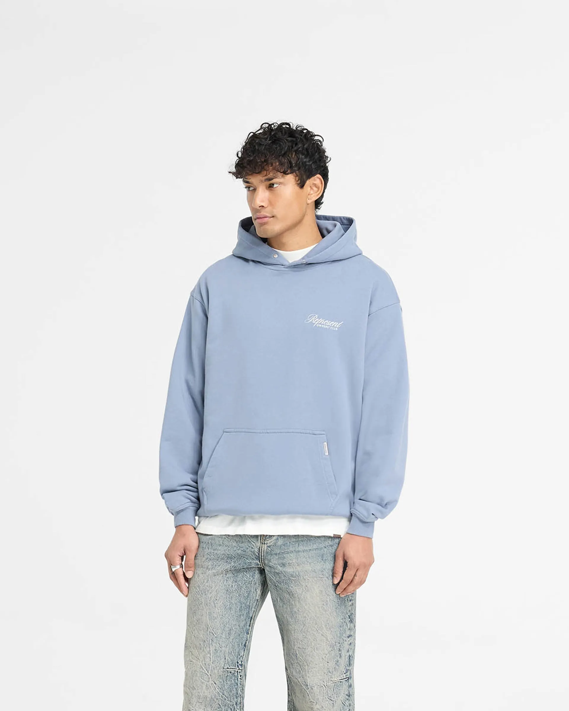 Comfortable For Walking Versatile Top Represent Owners Club Script Hoodie - Dusty Blue