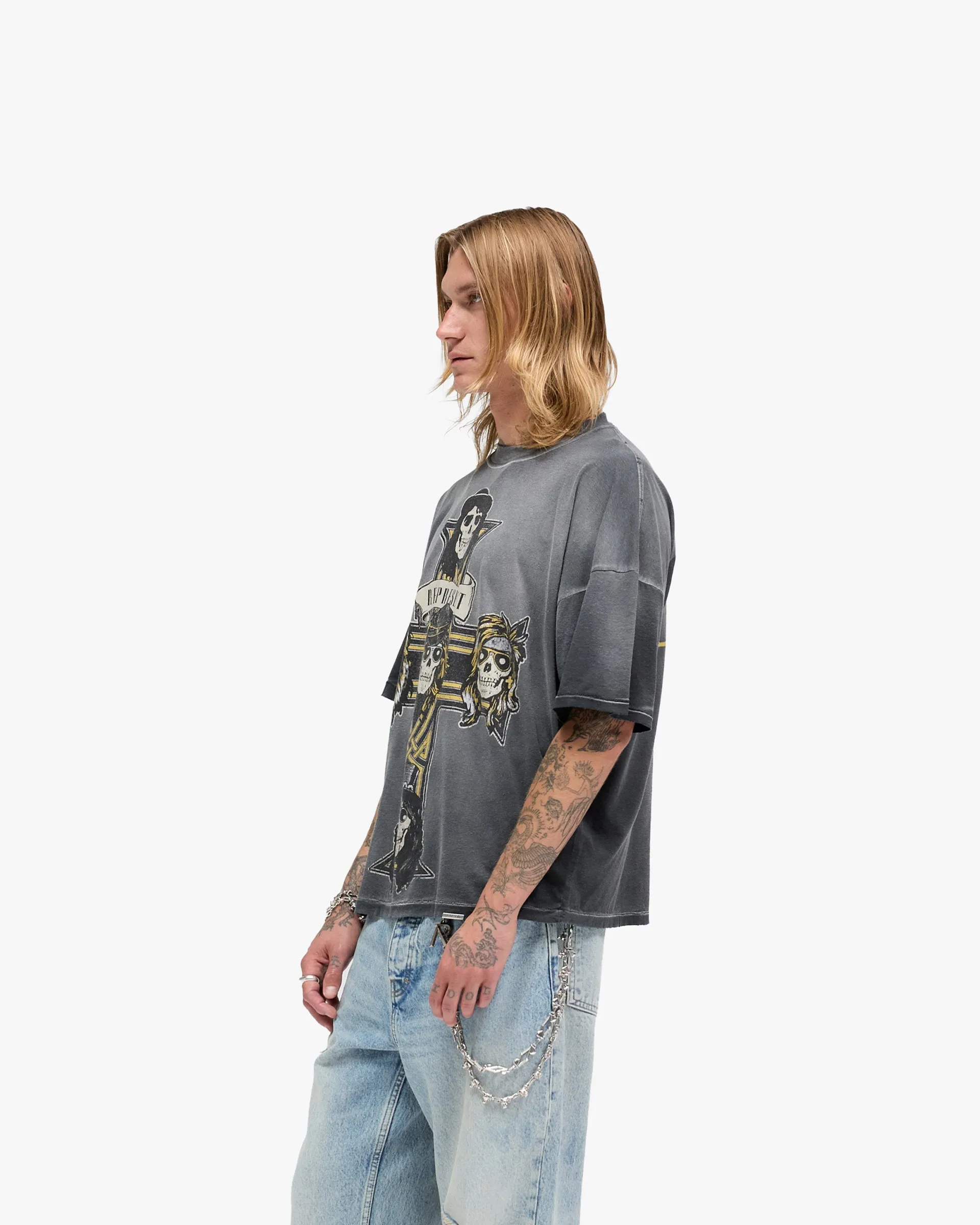 Represent X Guns N' Roses Cross T-Shirt - Stained Black Ultra Soft Texture