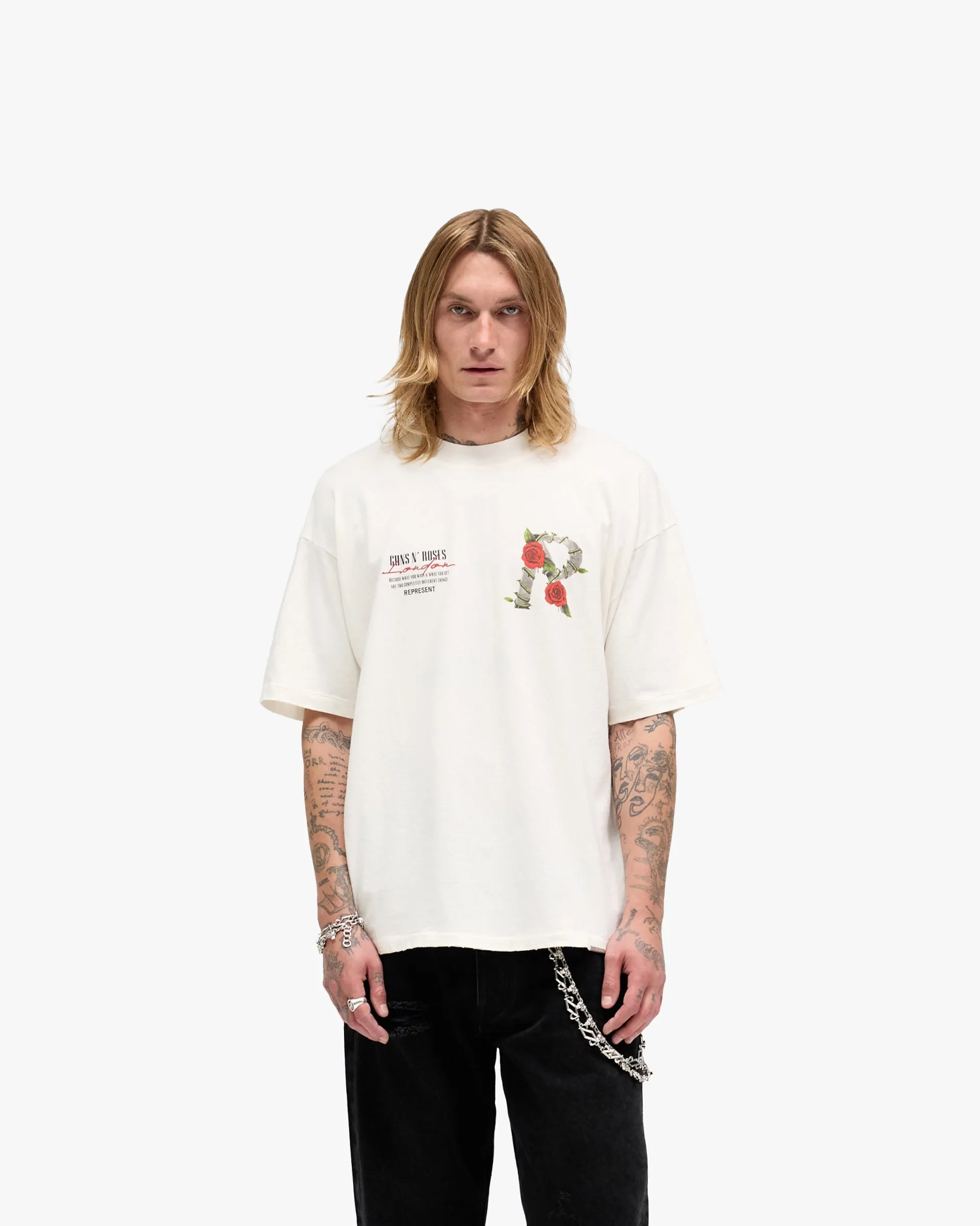 Breathable Comfort Fit Ribbed Neckline Represent X Guns N' Roses Tour T-Shirt - Flat White