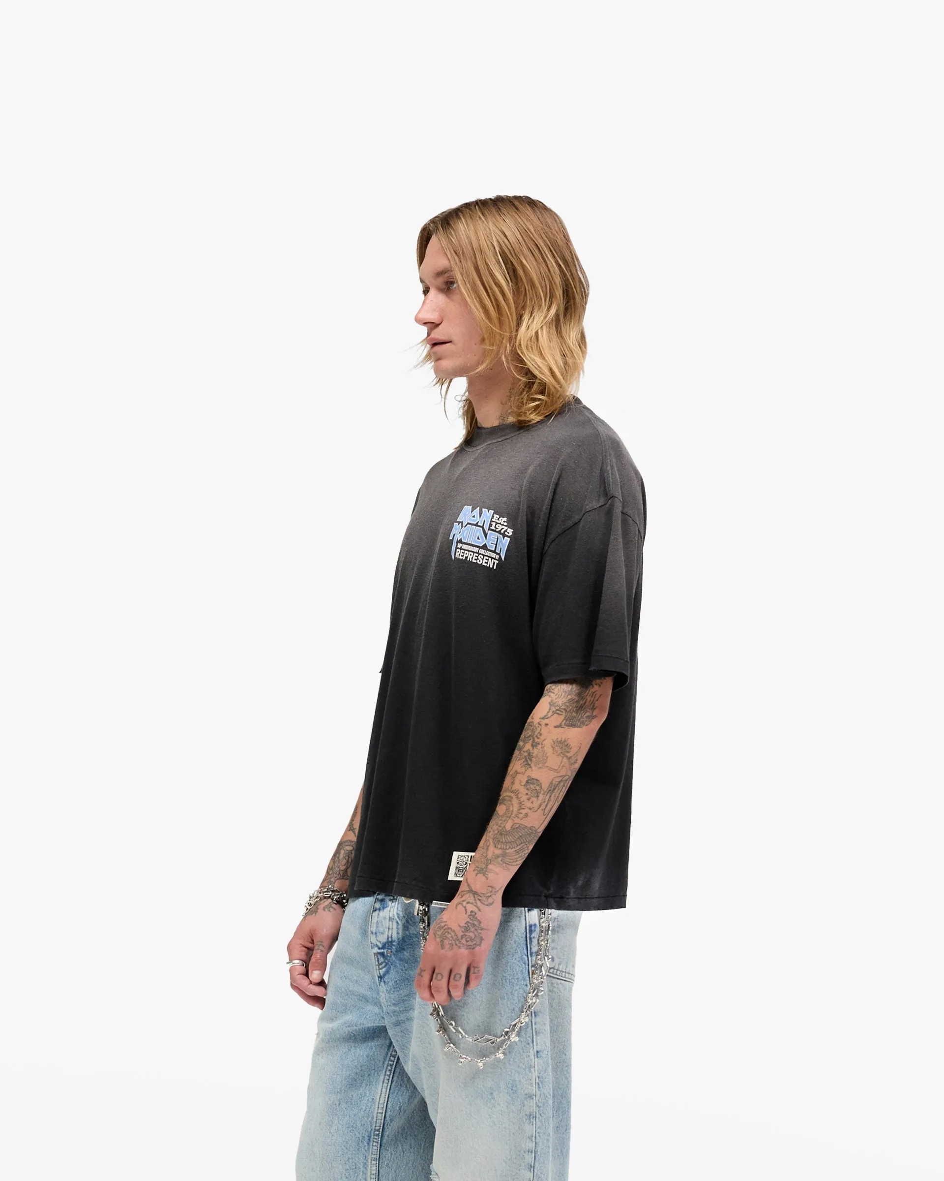 Everyday Casual Seam Free Shoulders Represent X Iron Maiden Anniversary T-Shirt - Stained Black