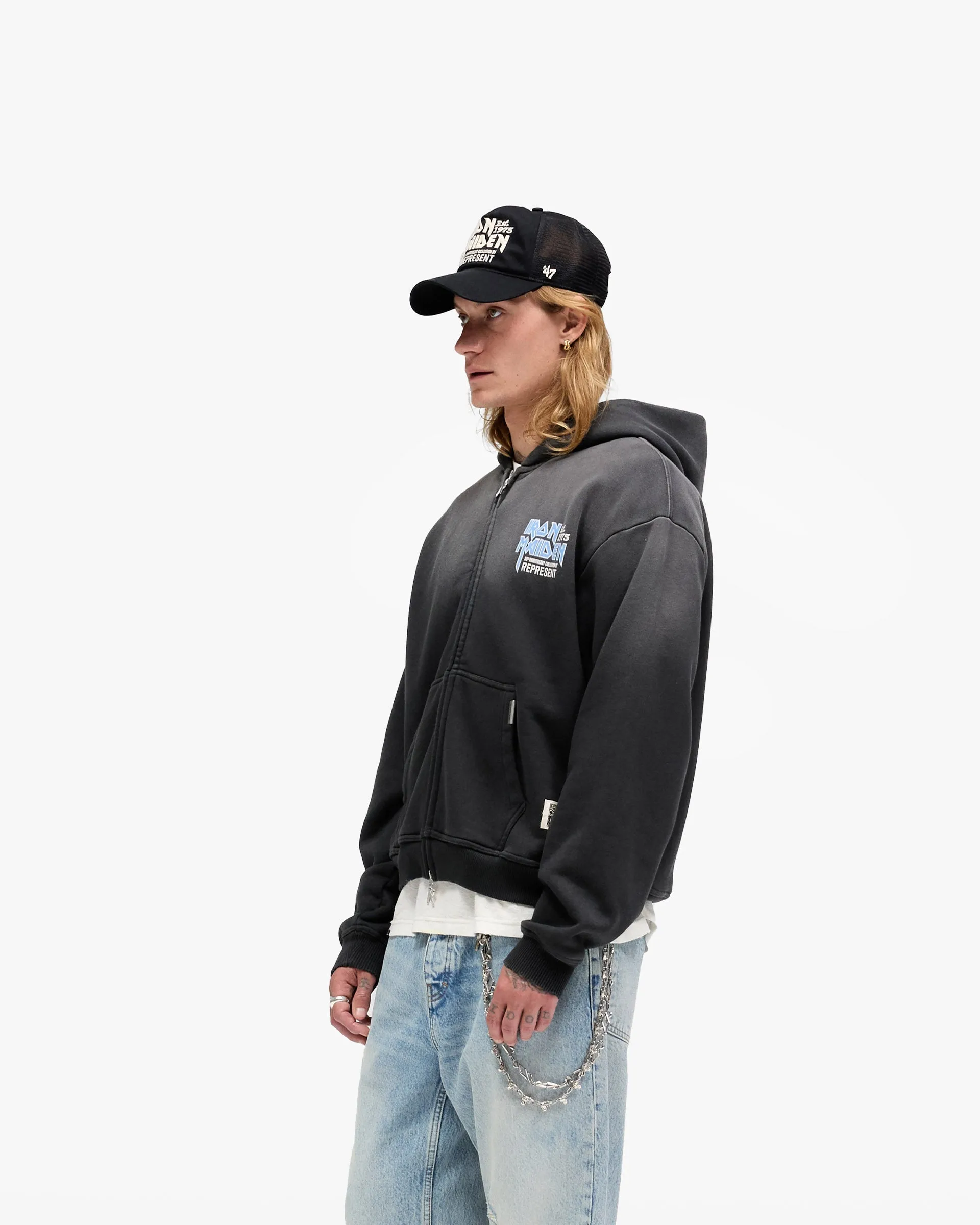 Represent X Iron Maiden Anniversary Zip Through Hoodie - Stained Black Classic Comfort