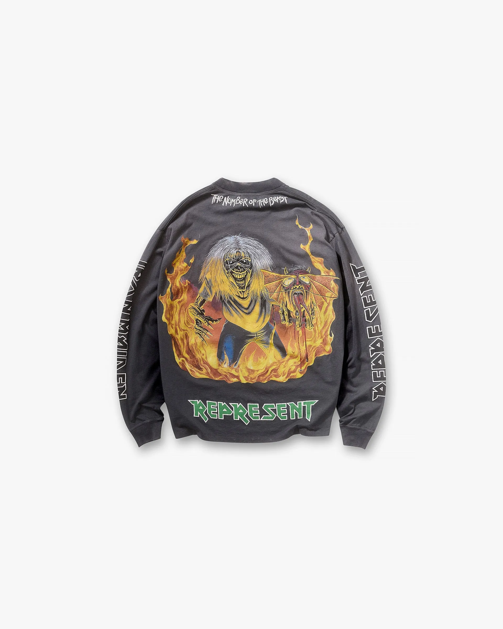 Men's masculinity Represent X Iron Maiden Number Of The Beast Long Sleeve T-Shirt - Sunfade Grey