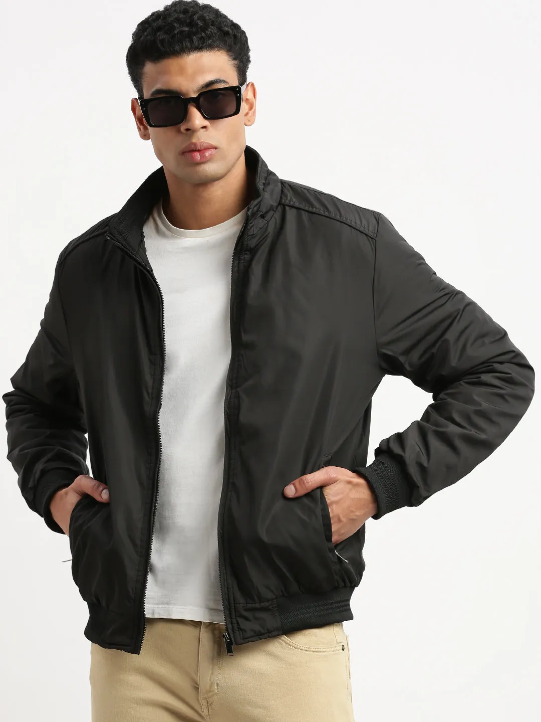 Fleece Lined Men's Black Mock Collar Solid Bomber Jacket