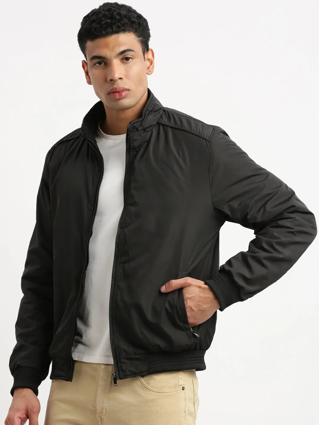 Men's Black Mock Collar Solid Bomber Jacket Full Length Zipper Closure