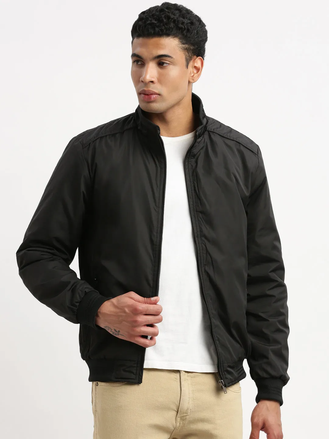 FleeceLined Men's Black Mock Collar Solid Bomber Jacket