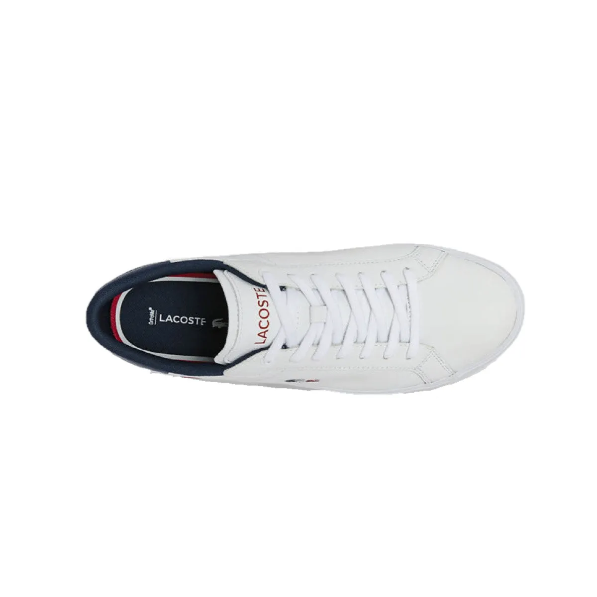 LACOSTE 7-43SMA0034407 POWERCOURT TRI 1SMA MN'S (Medium) White/Navy/Red Leather & Synthetic Lifestyle Shoes Non Binding Collar Padding