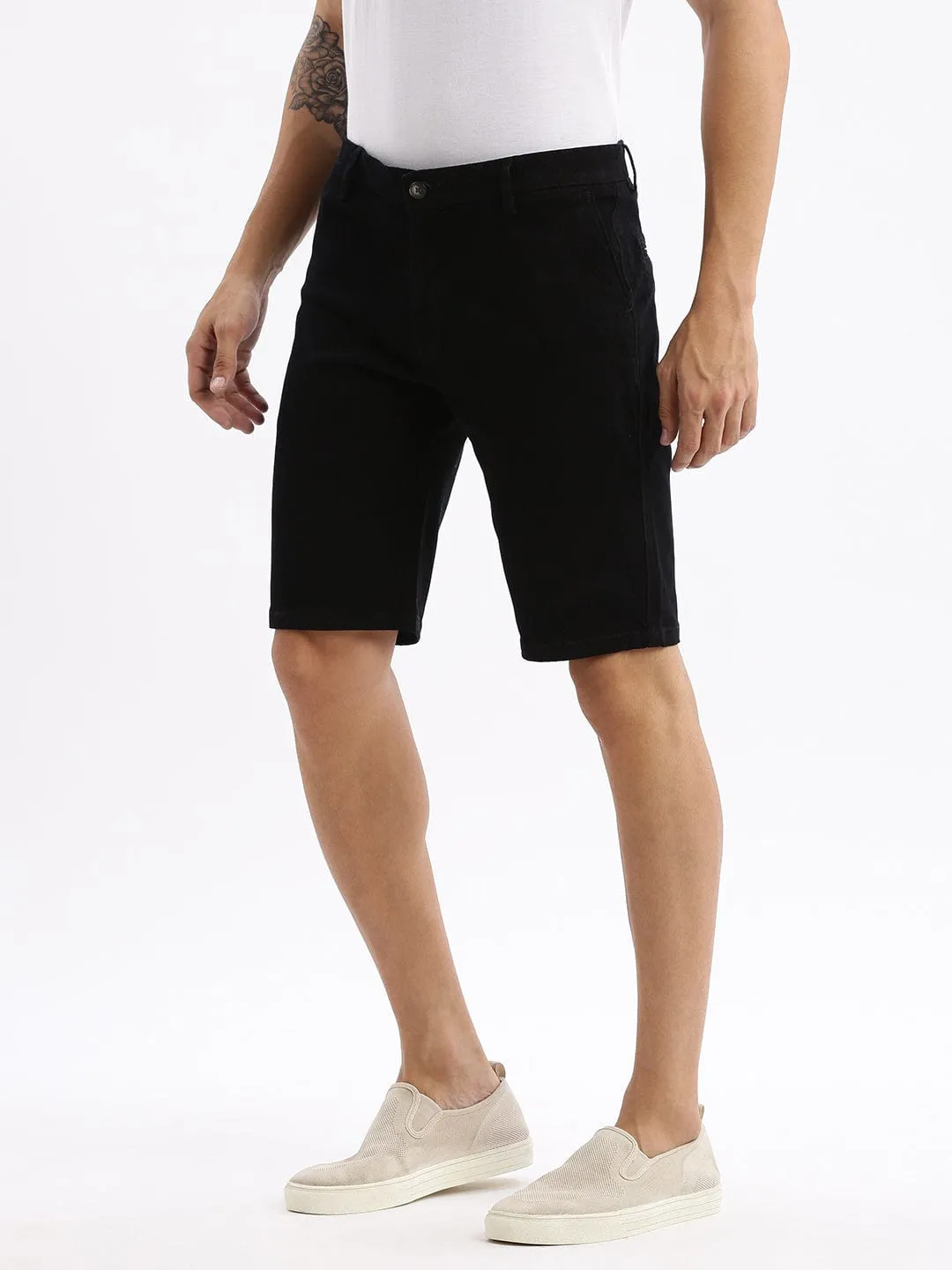 Flexible Comfort Men's Geometric Black Cotton Low-Rise Shorts