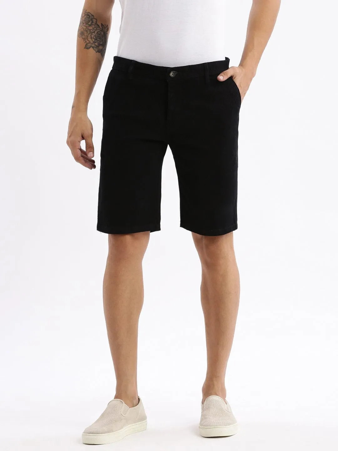 Men's Geometric Black Cotton Low-Rise Shorts Patchwork Design Multi Panel Construction