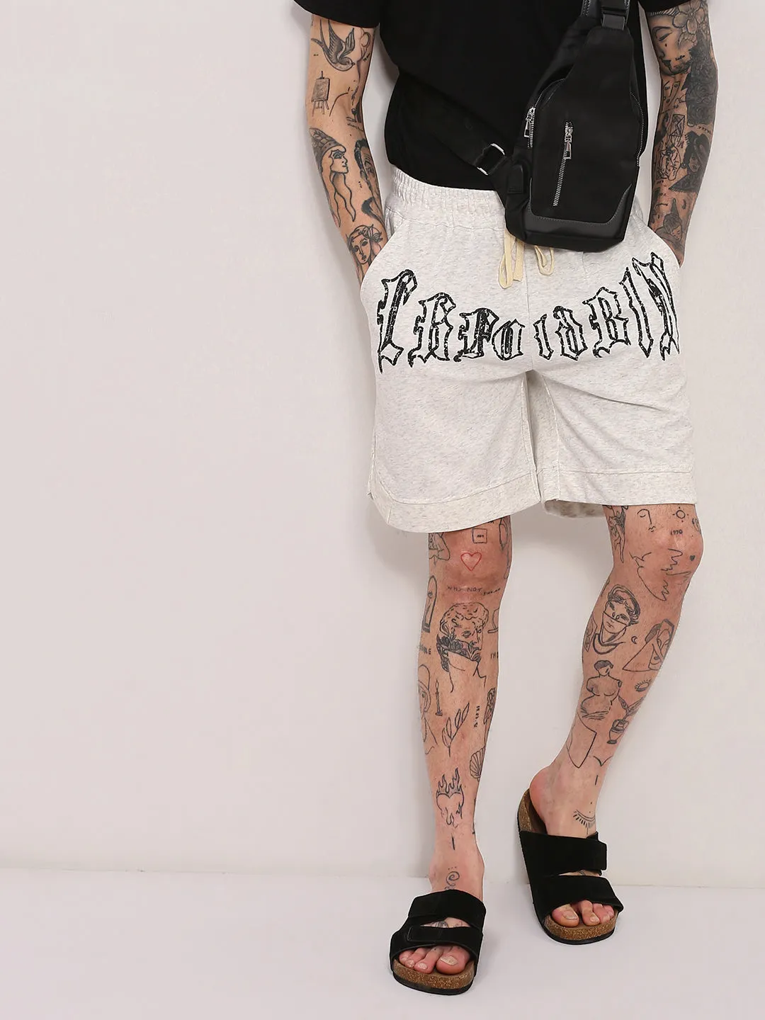 Slip Resistant Inner Grip Men's Off White Graphic Printed Shorts