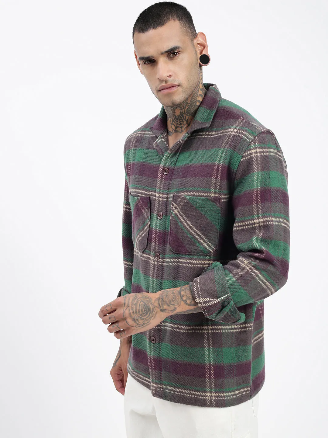 Denim combination Raw Edge Hem Men's Checked Green Shacket