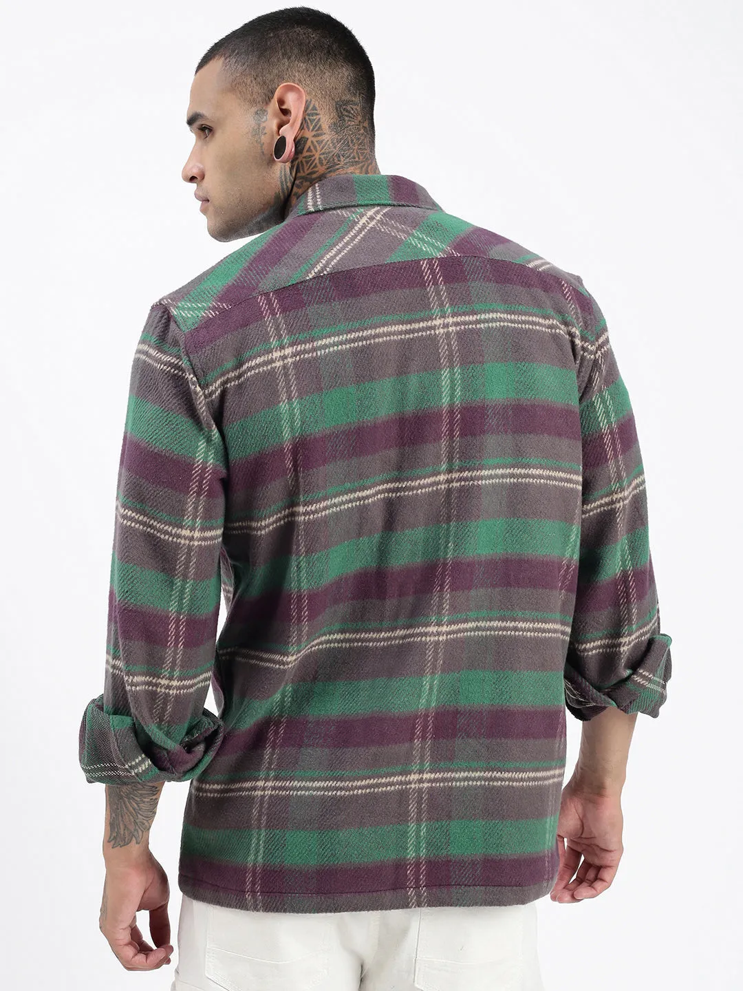 Men's Checked Green Shacket Thermoregulating Fabric Sublimation Printed Collar