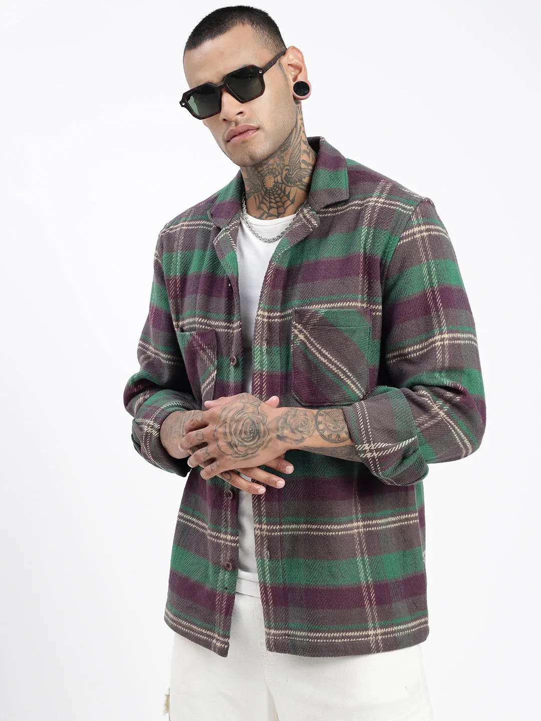 Eco Friendly Dyes Raw Edge Hem Men's Checked Green Shacket