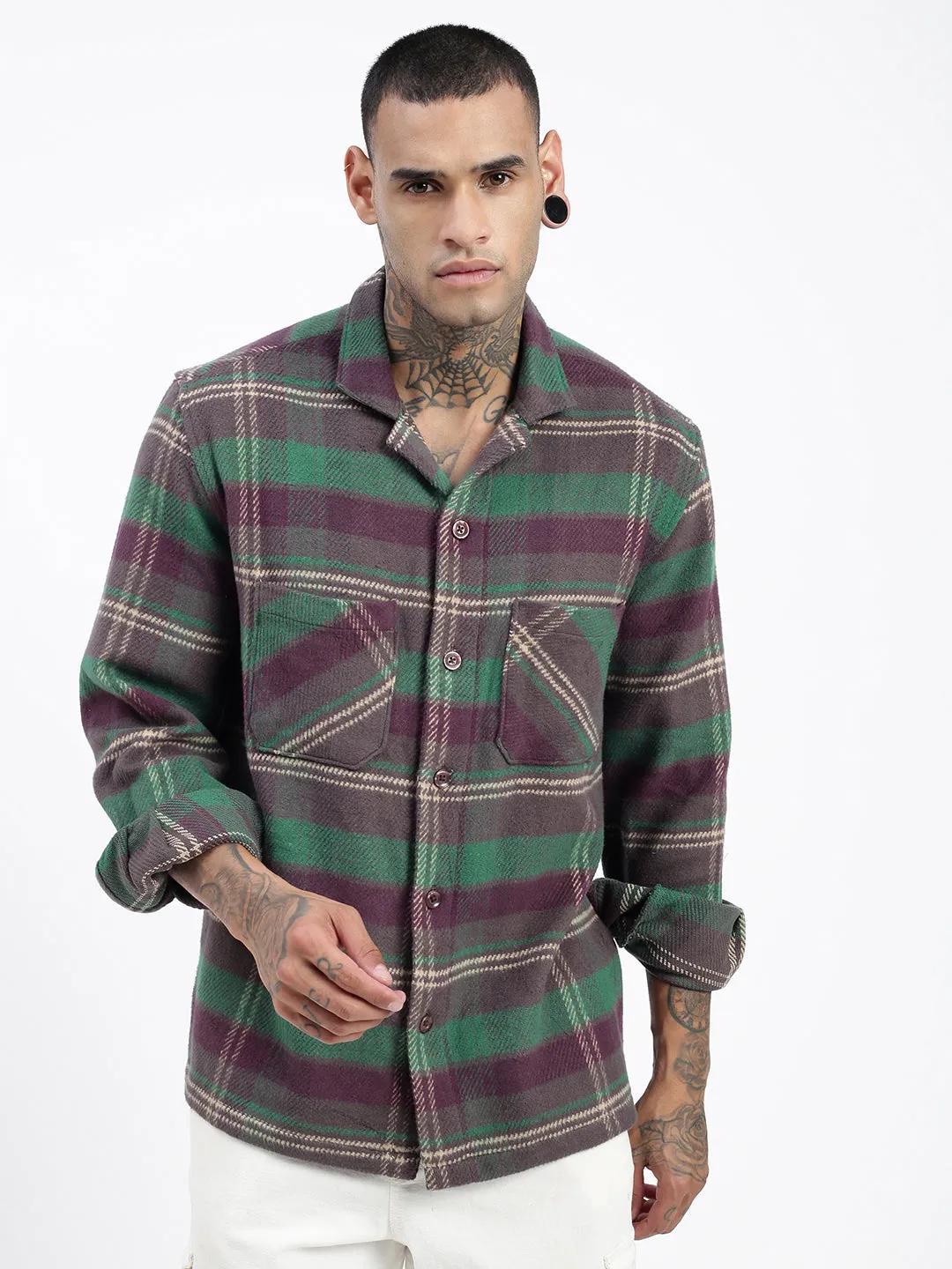 Men's Checked Green Shacket Comfy Stretch Fit