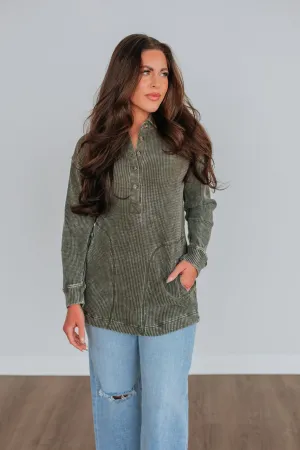 Sallie Waffle Knit Top - Moss Ventilated Panels