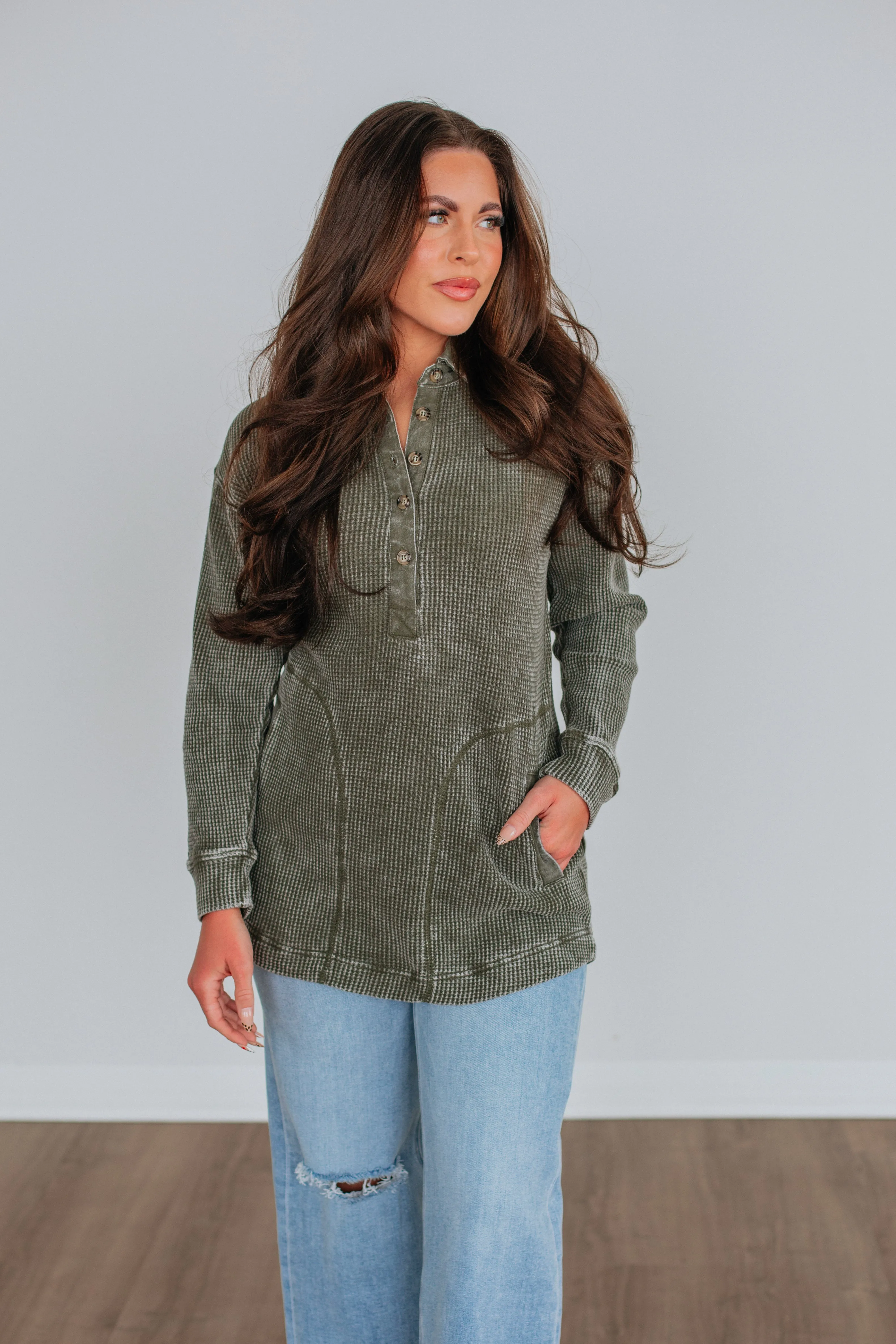 Sallie Waffle Knit Top - Moss Ventilated Panels