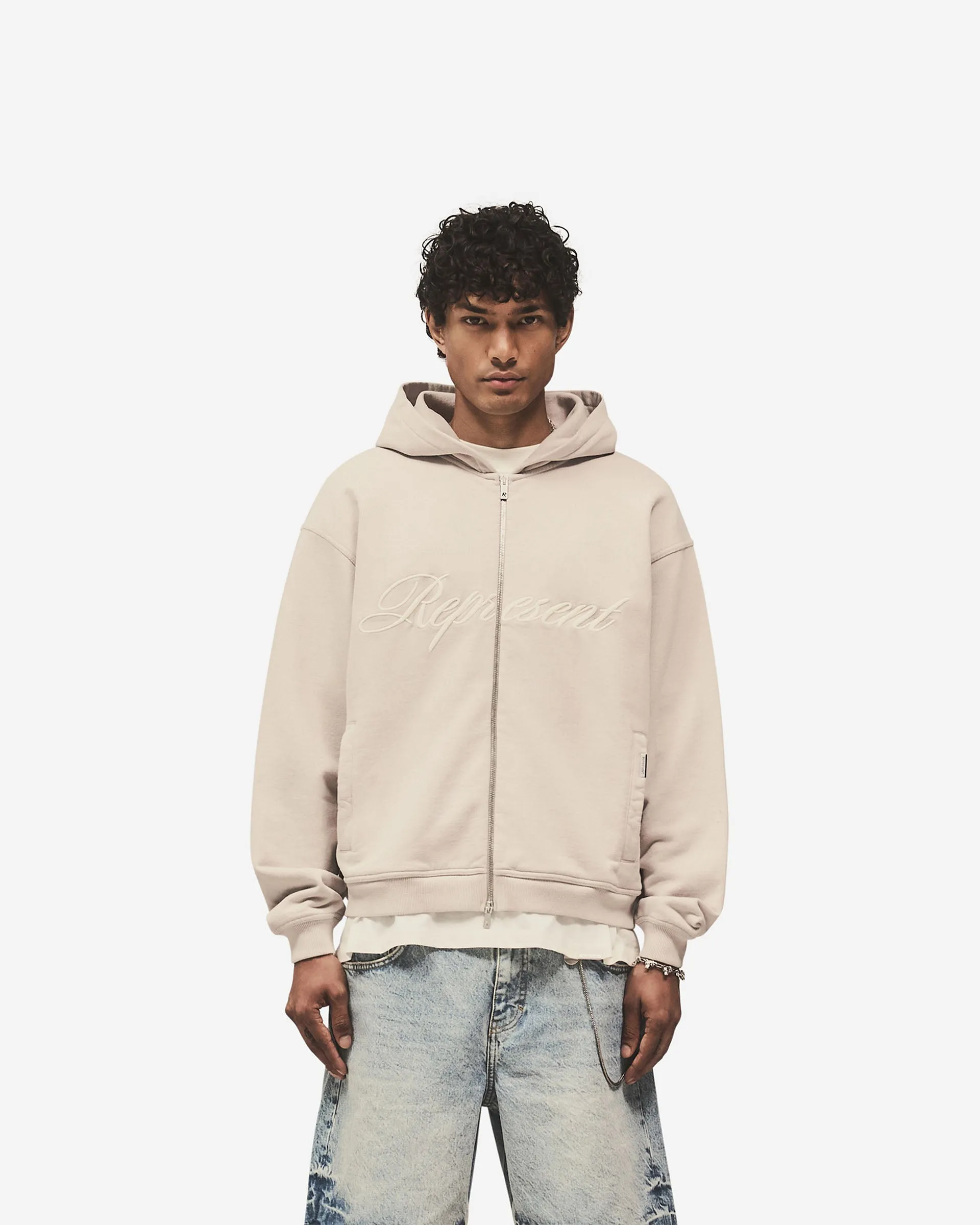 Trendy Basics Script Logo Zip Hoodie - Concrete