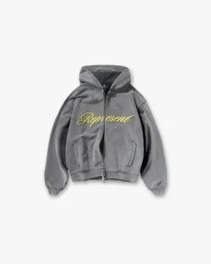 Script Logo Zip Hoodie - Vintage Grey Cozy Warmth Casual Hoodie