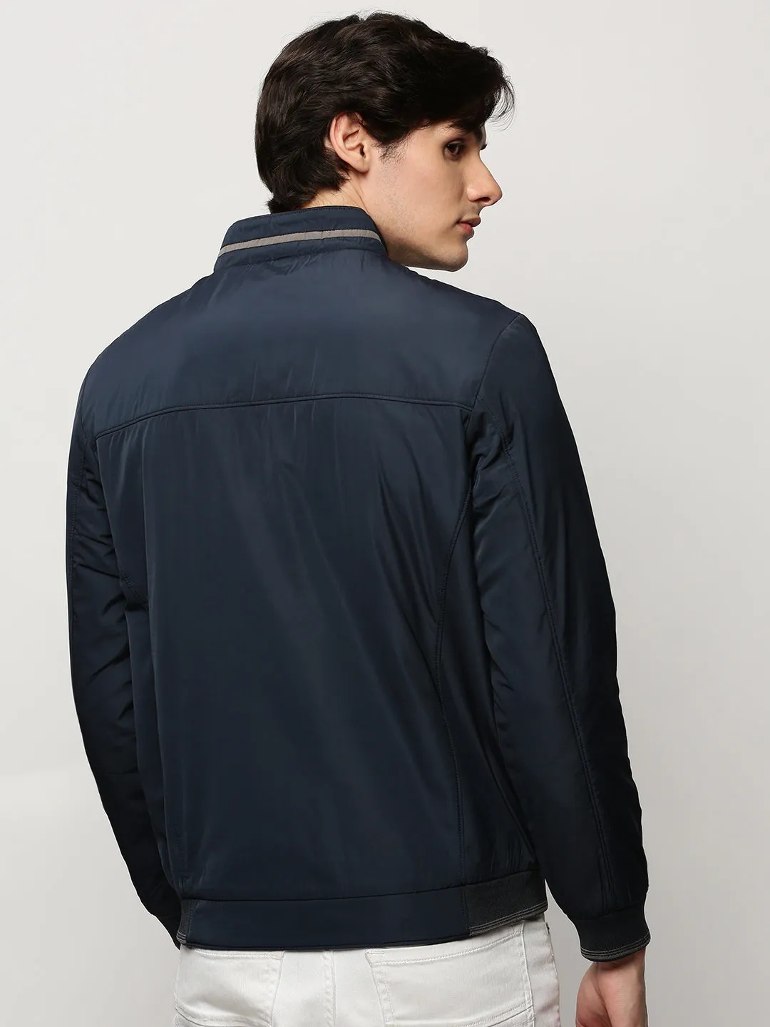 Men's Navy Blue Mock Collar Taslon Bomber Jacket SoftshellTexture Casual Work Look