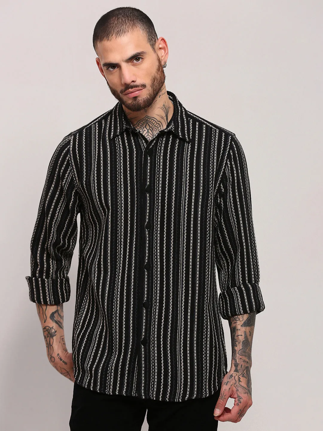 Fresh Style Trend Men's Black Stripped Casual Shacket