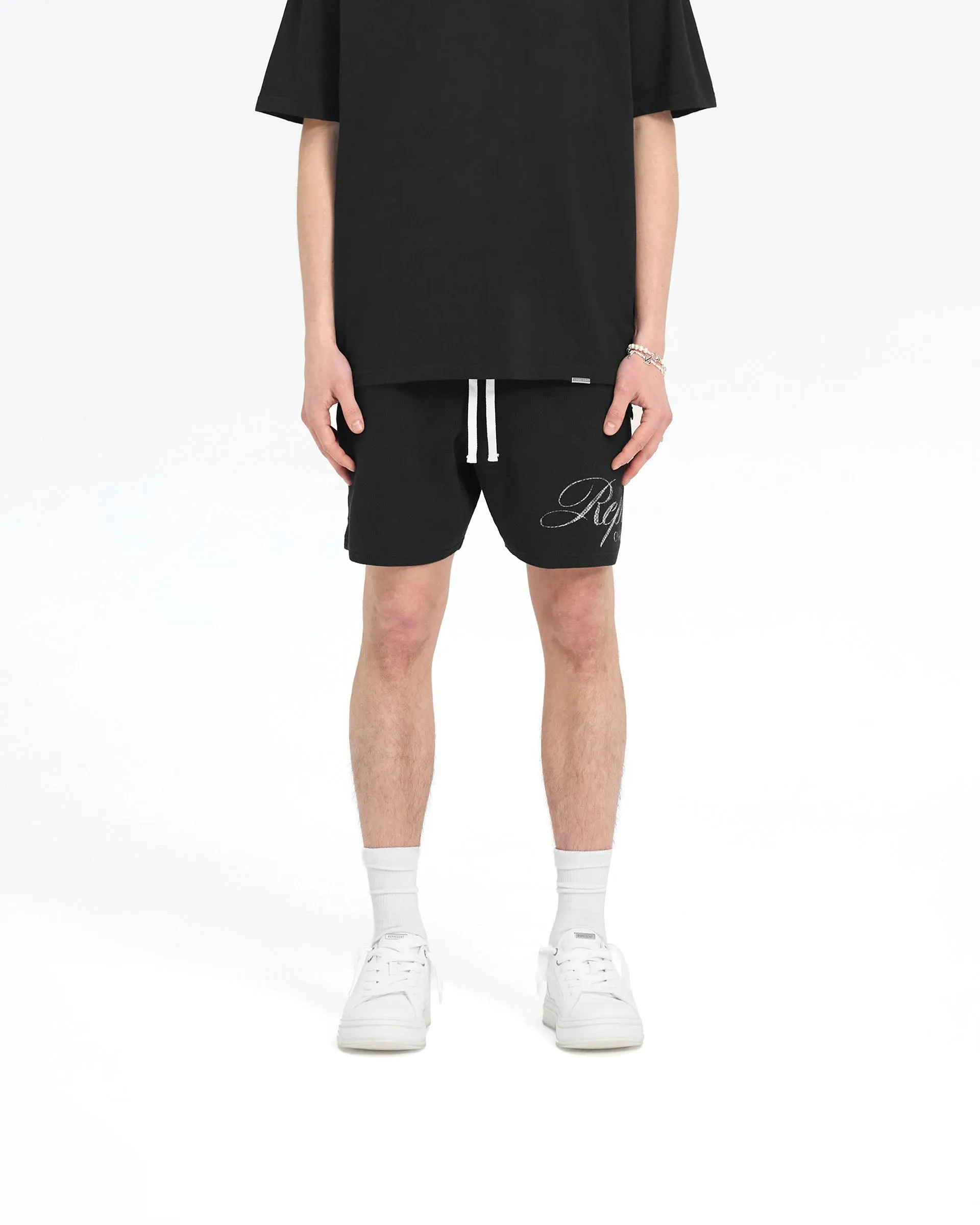 Multi Directional Flex Represent Owners Club Script Mesh Shorts - Black