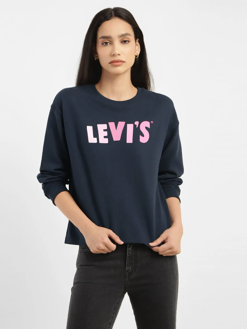 Women's Graphic Print Navy Crew Neck Sweatshirt Versatile Design
