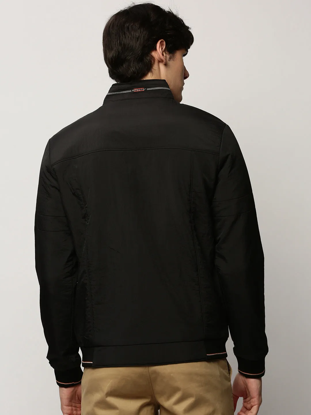 wrinkle free finish Men's Black Mock Collar Bomber Jacket