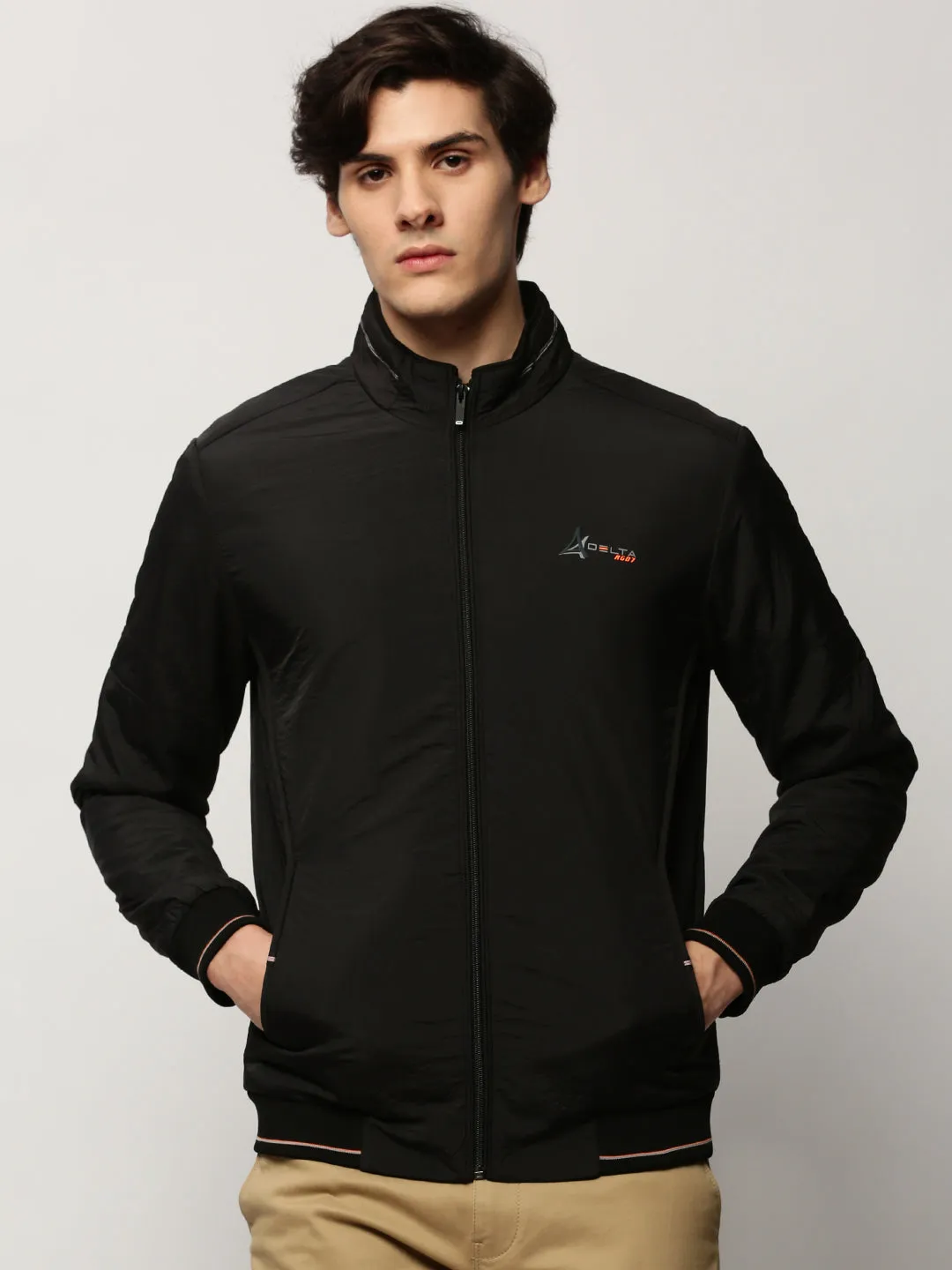 Lightweight Material Dual Layer Insulation Men's Black Mock Collar Bomber Jacket