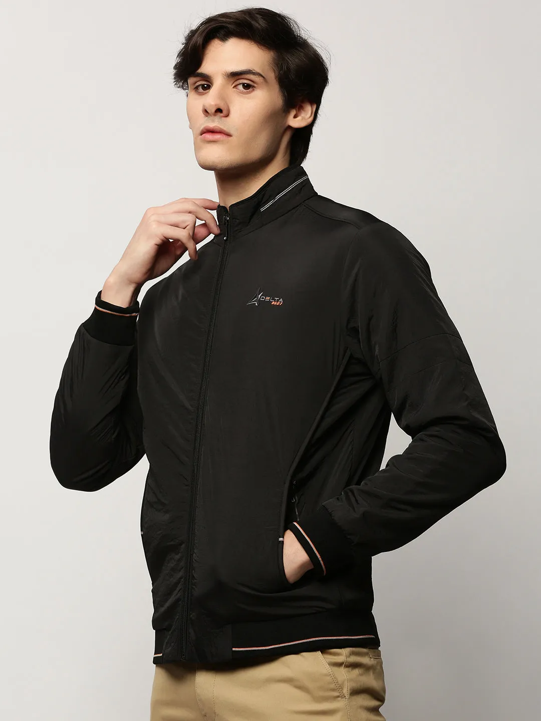 Men's Black Mock Collar Bomber Jacket ElasticWaistband SoftshellMaterial