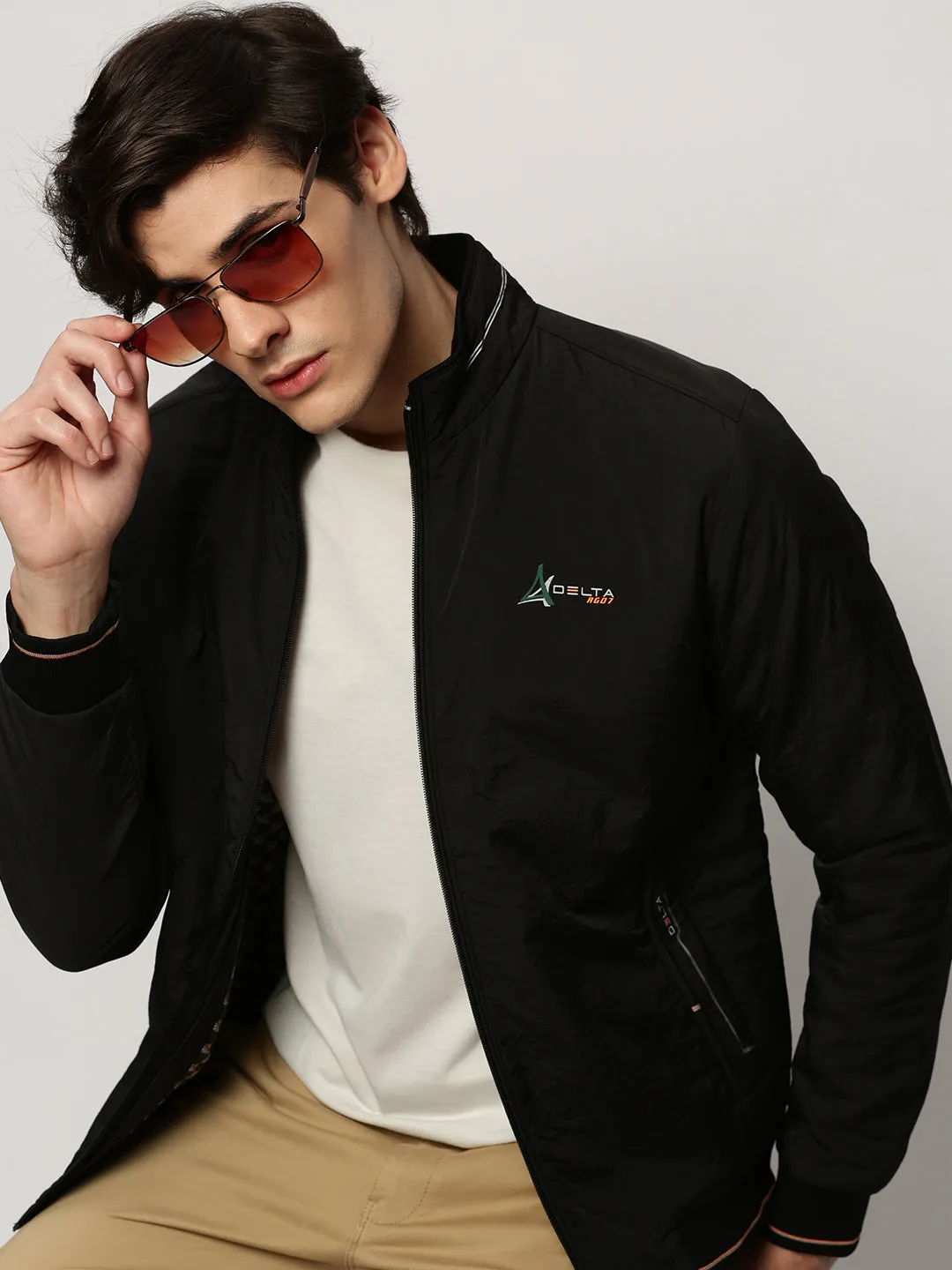 Soft Touch Texture Men's Black Mock Collar Bomber Jacket