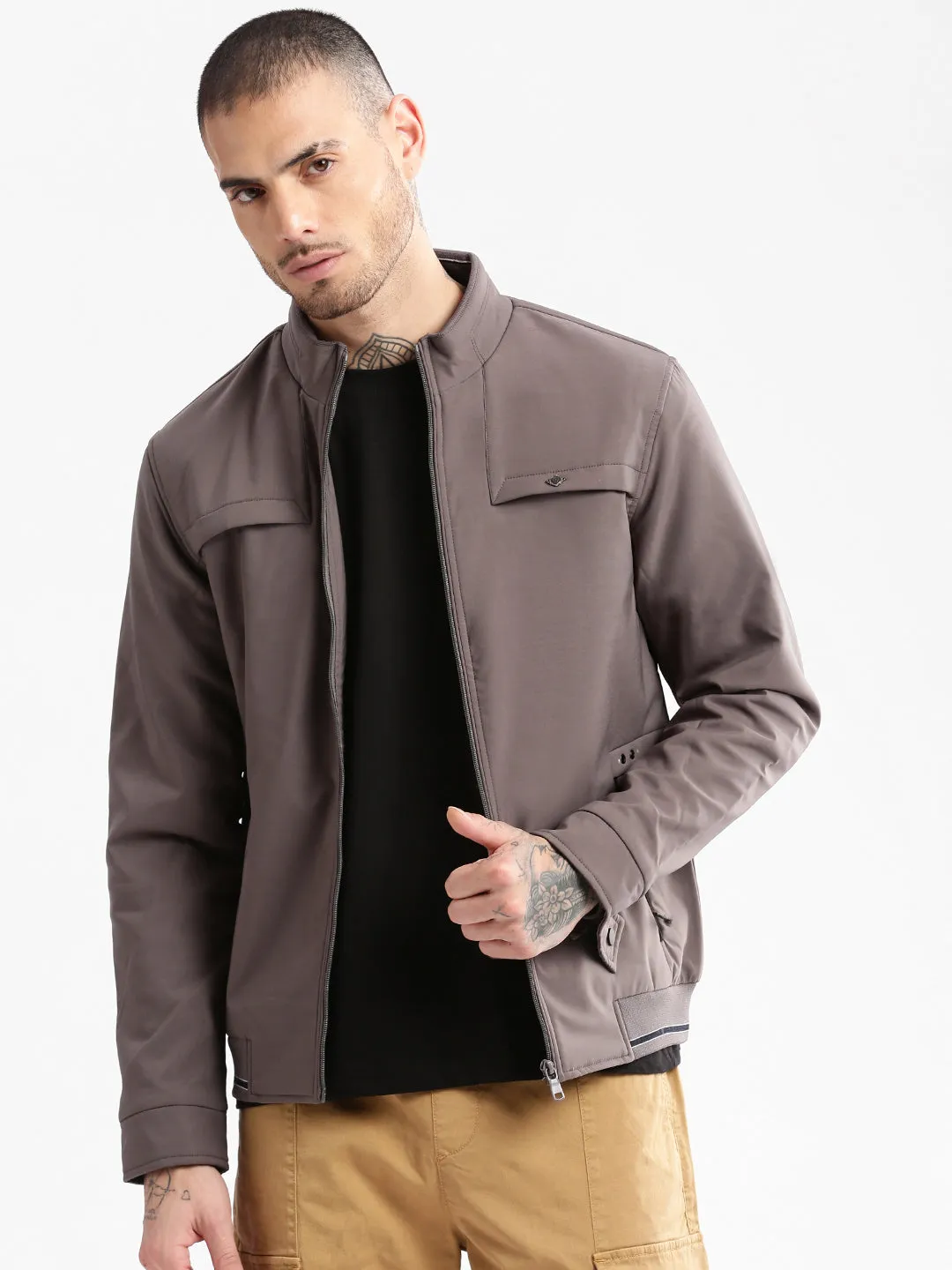Nylon Shell Construction City Commuter Men's Mock Collar Solid Grey Casual Bomber Jacket