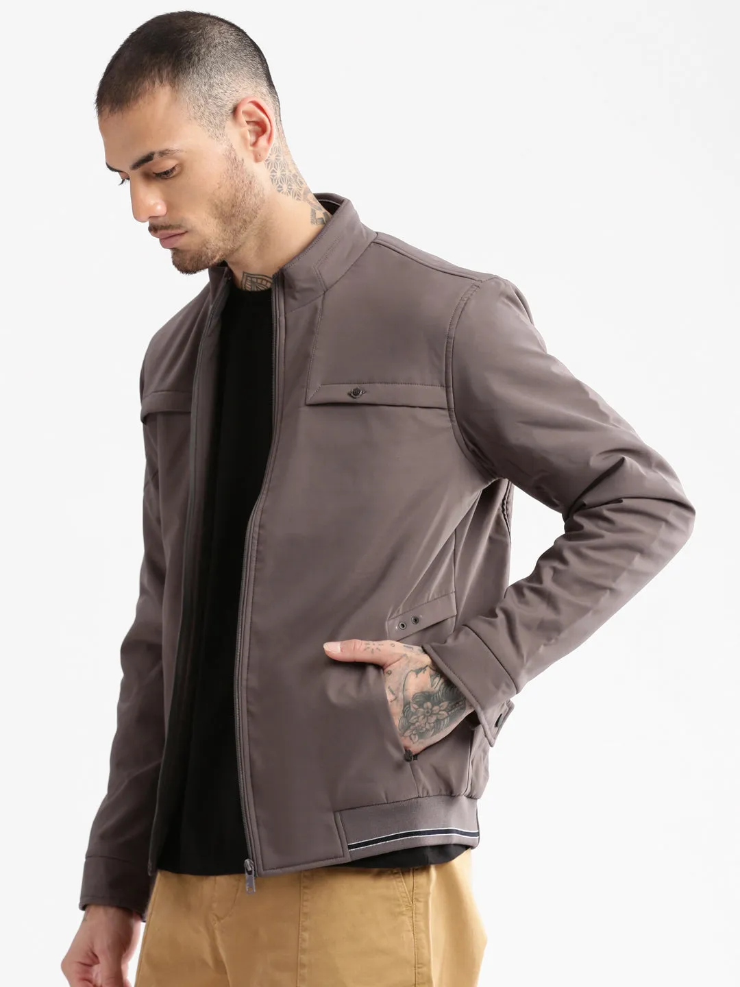 Convertible styles Abrasion Resistant Surface Men's Mock Collar Solid Grey Casual Bomber Jacket