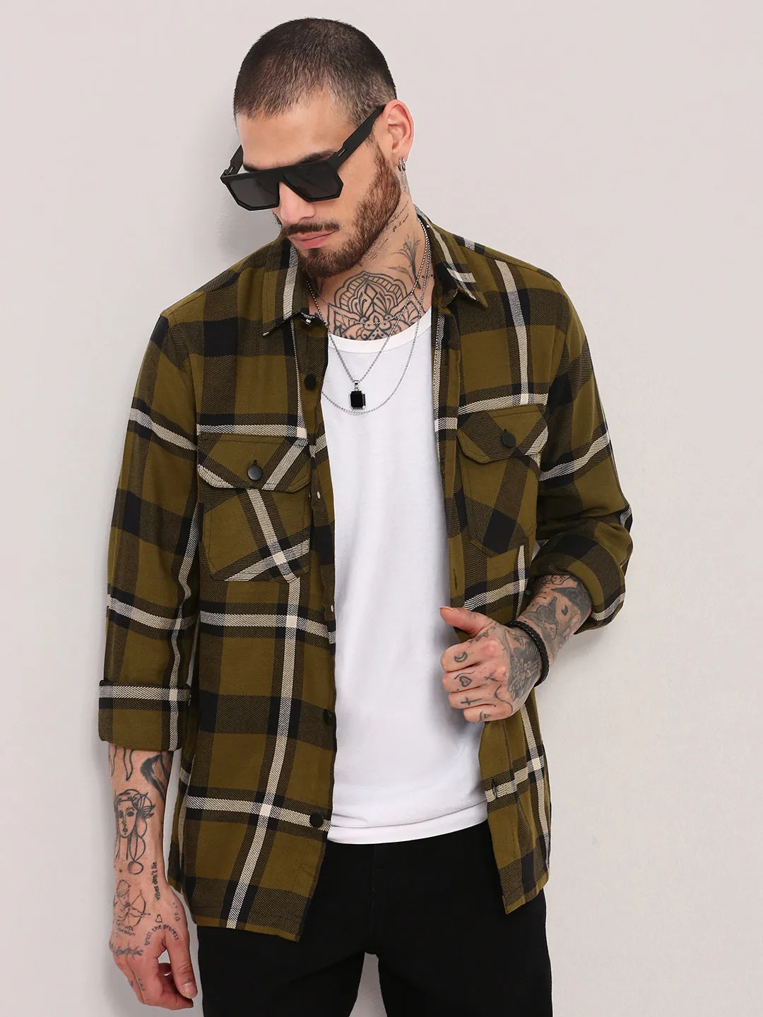Stylish Look Men's Green Checked Relaxed Fit Shacket