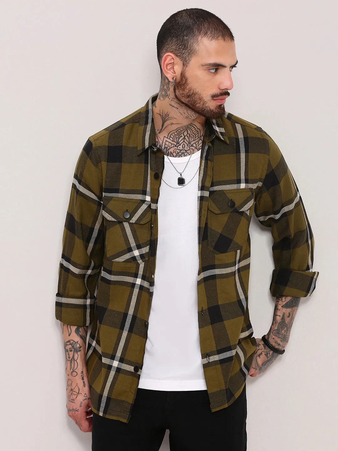Men's Green Checked Relaxed Fit Shacket AdvancedMoistureManagement BreathableMaterial