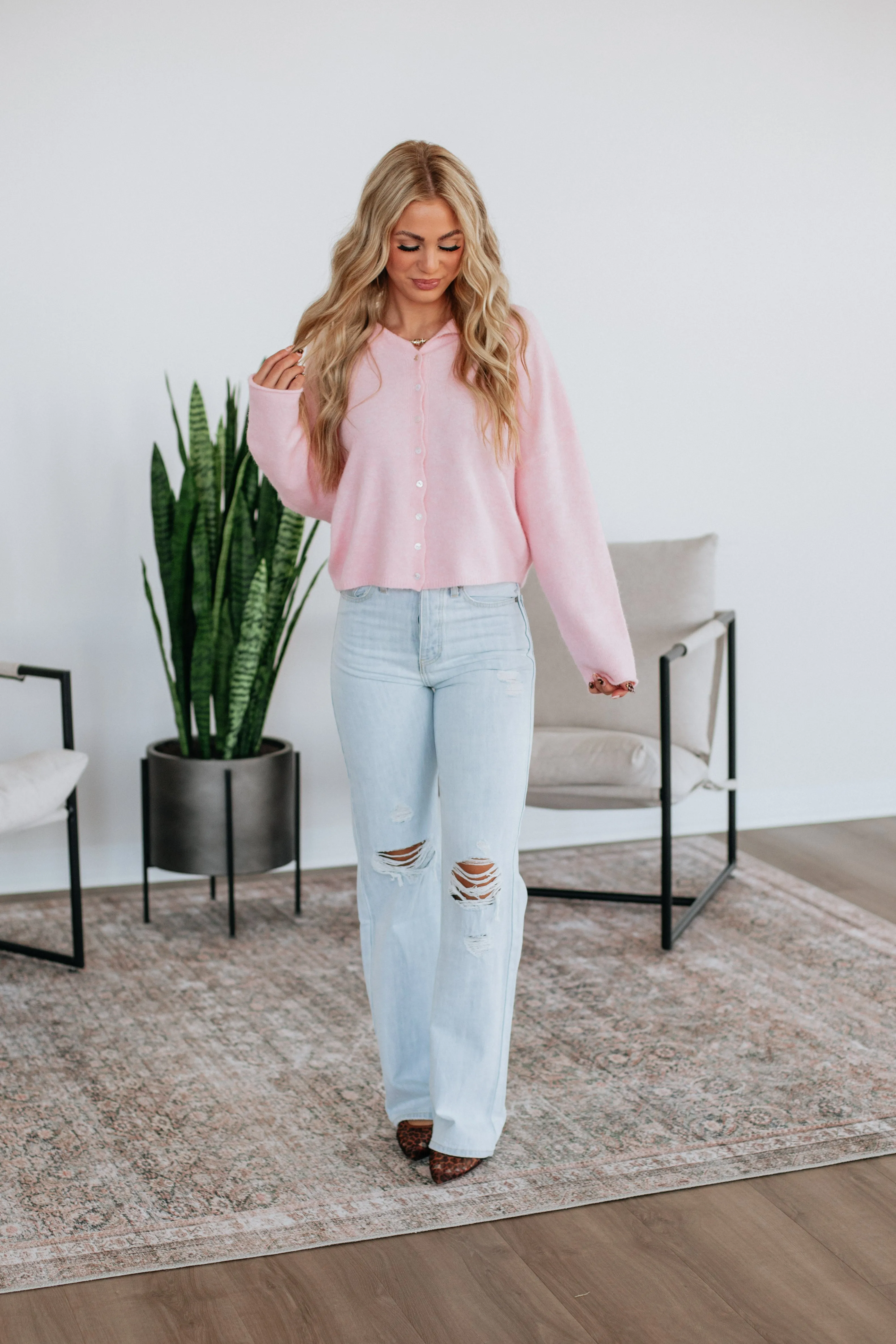 Brooke Cardigan - Baby Pink AntiPilling Technology Cold Casual Outfit