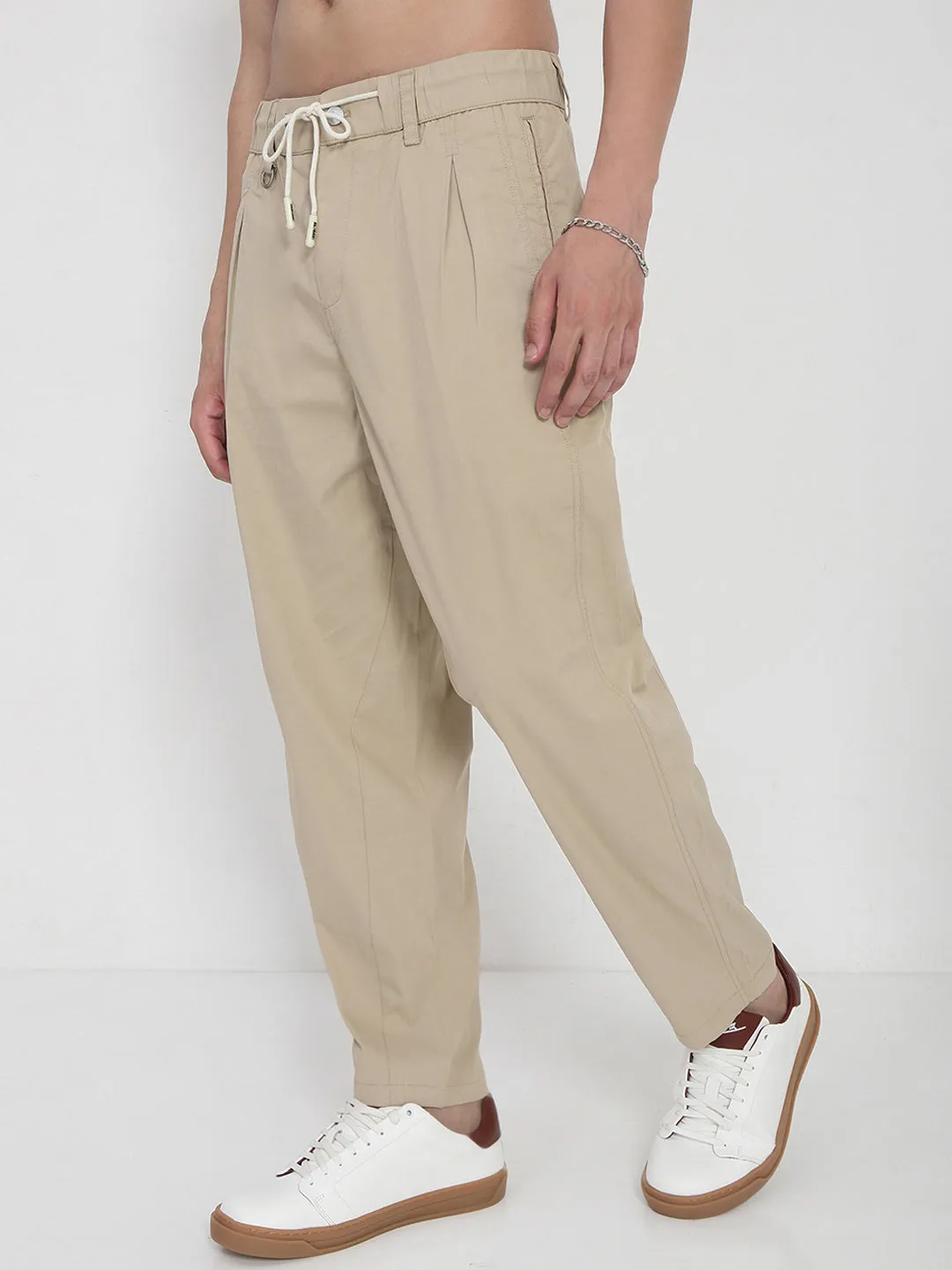 Men's Cotton Beige Relaxed Fit Trousers Sporty Function